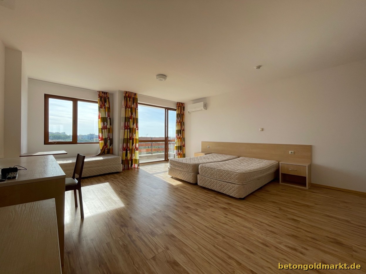 Studio A.203 – Wohnraum mit Arbeitsbereich und TV